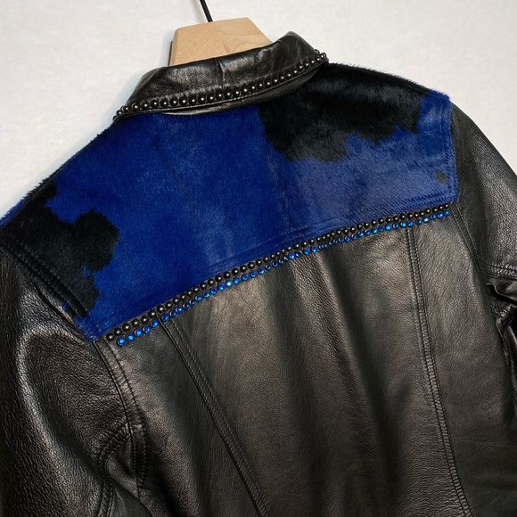 Kippys Black Western Leather Jacket with Blue Calf Hair and Rhinestones Small - Picture 10 of 16